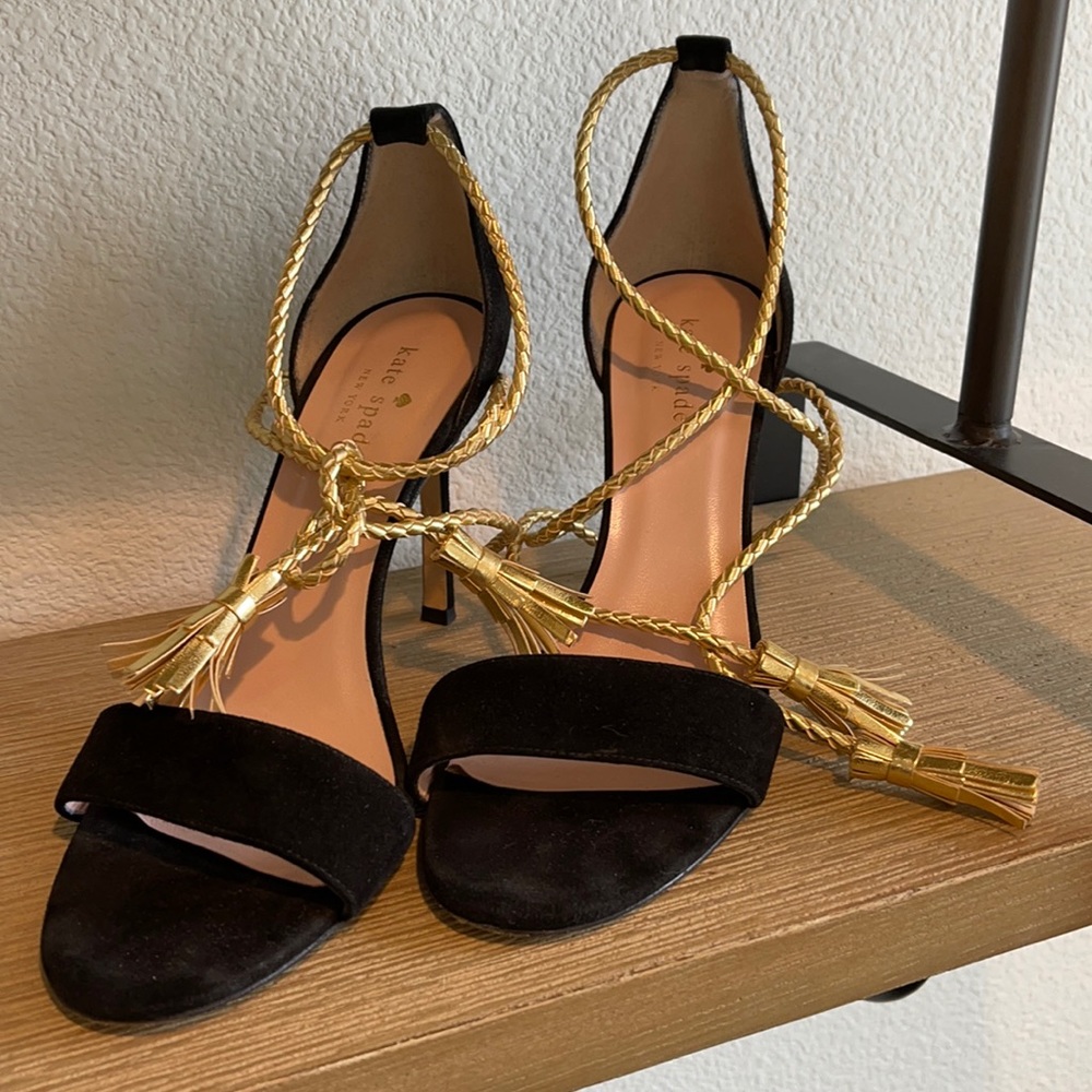 Kate Spade Black Open Toe Gold Braided Ankle Wrap Heels 8.5